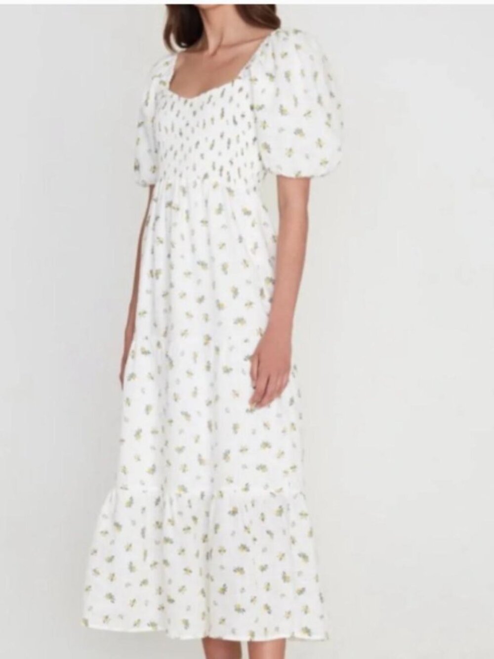 Faithfull The Brand Smocked Puff Sleeve Brand Gianna Midi Floral Dress, Size 2